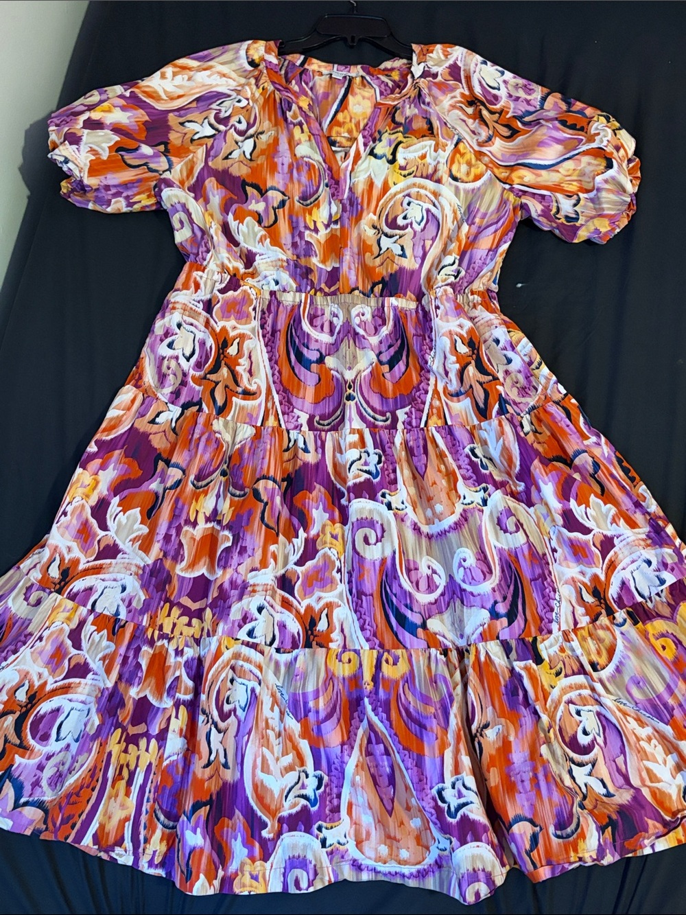 Chico's Purple, Orange and White Printed Tiered Midi Dress